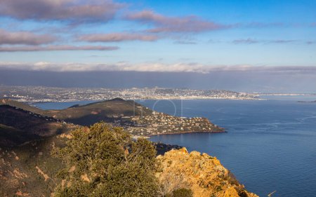 Evening view from Massif de 'Esterel mountains to Cannes. Coastline of French Riviera, Cote d'Azur in France. Famous tourist destination at mediterranean sea.