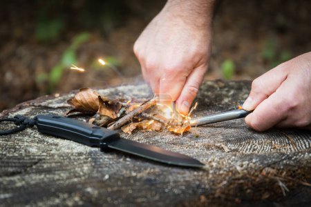 Téléchargez les photos : Mains essayant de déclencher un feu avec un acier au magnésium dans les bois à l'aide d'outils de bushcraft - en image libre de droit
