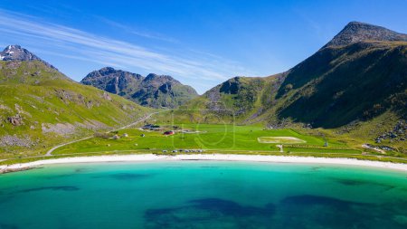 Panoramic view of Vik Beach, Haukland. Highlight and tourist destination at Lofoten Islands in Norway.