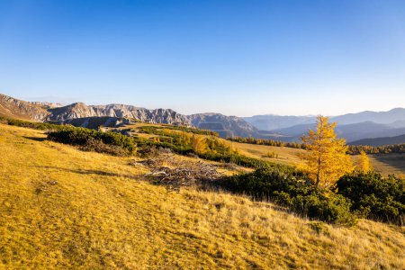 Hermoso pasto de montaña en colores otoñales. Vistas a la montaña desde Austria.