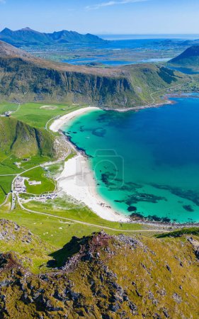 Vik Beach from the air. Incredible beautiful tropical beach in Haukland, Lofoten, Norway. Popular tourist destination above the arctic circle.
