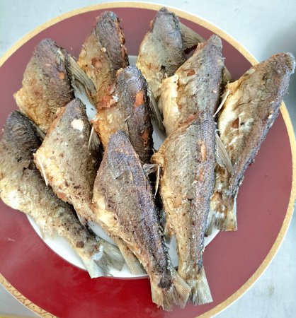 Gebratener Milchfisch, trocken mit Kurkuma gewürzt, als indonesisches Hausgericht. Serviert auf einem Teller. Selektiver Fokus