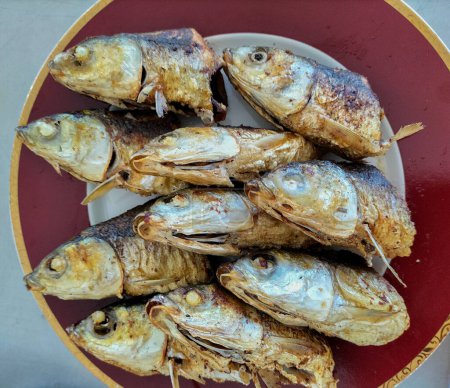 Gebratener Milchfisch, trocken mit Kurkuma gewürzt, als indonesisches Hausgericht. Serviert auf einem Teller. Selektiver Fokus