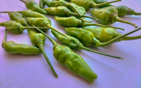 Selective focus. A bunch of small green chilies with a white screen.