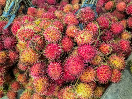 Asiatische Rambutanfrucht. Ein Haufen Rambutan-Früchte, der auf einem traditionellen Markt in Ungaran, Indonesien, verkauft wird. Selektiver Fokus.