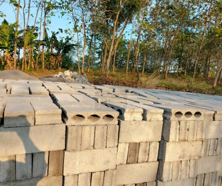 Selective focus. Stack of concrete blocks for construction. Texture and background. Brick block.