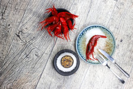 Photo for Serving suggestion of fresh raw red shrimps Camarones Rojo - Royalty Free Image