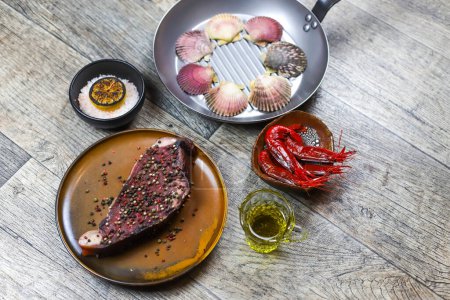 Photo for Spanish premium food products- sacallopes Zamburinas, red shrimps Camarones Rojo, beef steak Rubia Gallega - Royalty Free Image