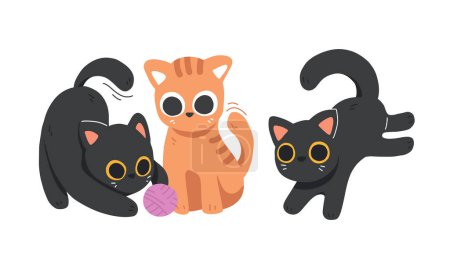 Téléchargez les illustrations : Chats noirs et orange mignons jouant avec l'illustration vectorielle de boule de fil - en licence libre de droit