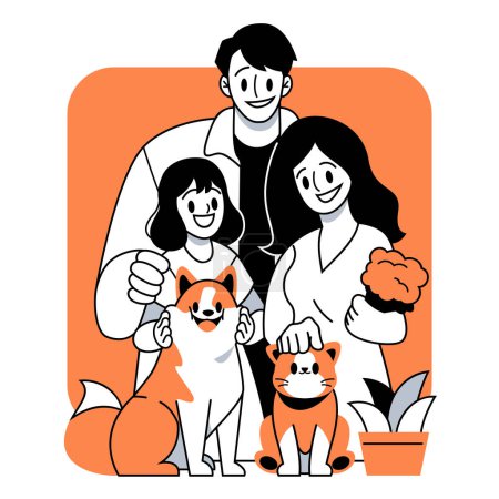 Téléchargez les photos : Famille heureuse avec chien et chat Illustration vectorielle en style dessin animé plat - en image libre de droit