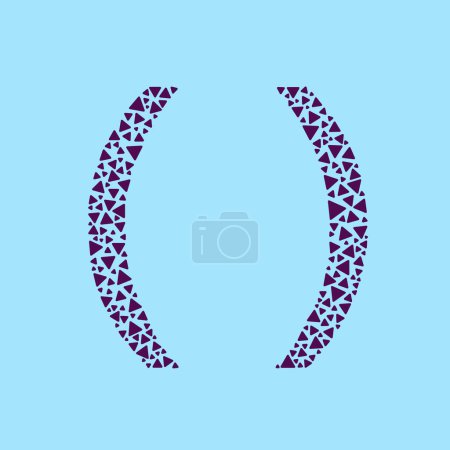 Mosaic-style parentheses made of small purple triangles on blue background
