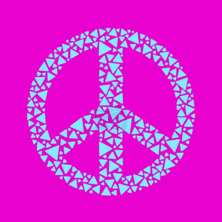 Mosaic-style peace sign made of small blue triangles on pink background