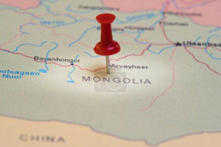 Téléchargez les photos : Carte avec épingle en Mongolie, destination - en image libre de droit