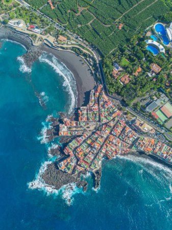 Photo for A bird's eye view. View from a flying drone. Panoramic landscape of Loro park in the city of Punta Brava, near the city of Puerto de la Cruz. Tenerife. - Royalty Free Image