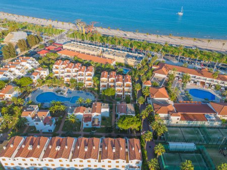Photo for Aero photographie. View from flying drone. Panoramic view of La Pineda beach. From a bird's eye view. The cities of Salou and Barcelona are nearby. - Royalty Free Image