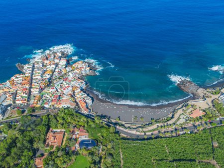 Photo for View from flying drone.Panoramic cityscape of old town of Punta Brava, near the town of Puerto de la Cruz. - Royalty Free Image