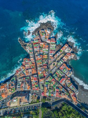 Photo for View from flying drone.Panoramic cityscape of old town of Punta Brava, near the town of Puerto de la Cruz. - Royalty Free Image