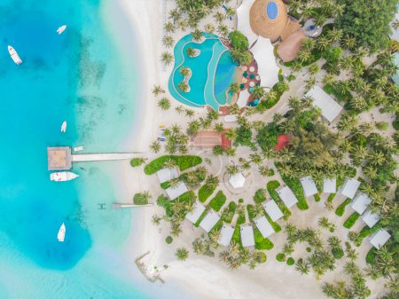 Photo for View from a flying drone of the luxury beach against the background of the beauty of the sea with coral reefs. - Royalty Free Image