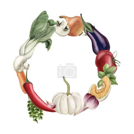Photo for Wreath of vegetables: pumpkin, eggplant, tomato, pepper, Bok Choy. mushrooms, carrot, garlic, basil. Watercolor illustration hand painted isolated on white background. - Royalty Free Image