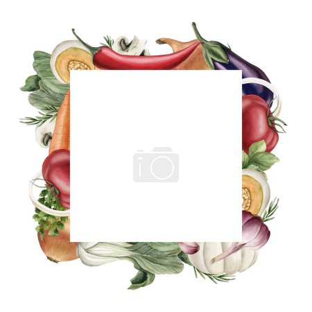 Téléchargez les photos : Cadre avec légumes : citrouille, aubergine, tomate, poivre, Bok Choy. champignons, carotte, ail, basilic. Aquarelle illustration peinte à la main isolée sur fond blanc. - en image libre de droit