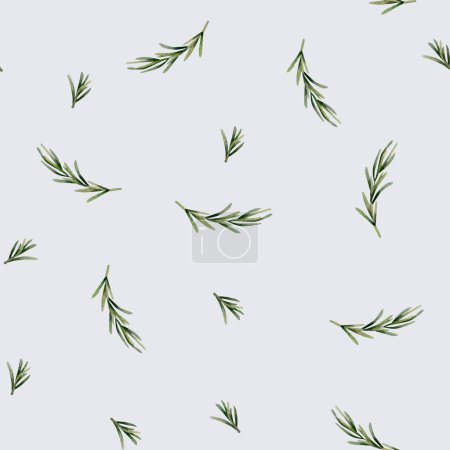 Photo for Watercolor seamless pattern with rosemary sprigs on light grey blue background. For use in design, fabric, textile, scrapbooking, wallpaper, wrapping papper, gift boxes, greeting cards, background. - Royalty Free Image