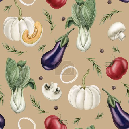 Photo for Watercolor seamless pattern with colorful vegetables and spices on beige background. For use in design, fabric, textile, scrapbooking, wallpaper, wrapping papper, gift boxes, greeting cards. - Royalty Free Image