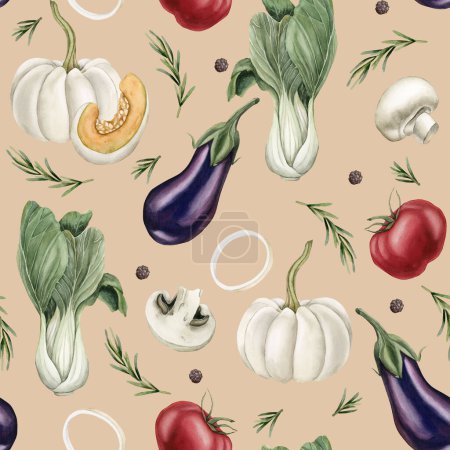 Photo for Watercolor seamless pattern with colorful vegetables and spices on light pink background. For use in design, fabric, textile, scrapbooking, wallpaper, wrapping papper, gift boxes, greeting cards. - Royalty Free Image