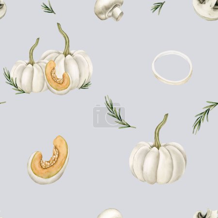 Photo for Watercolor seamless pattern with white pumpkins, mushrooms, onion rings and rosemary sprigs on light grey blue background. For use in design, fabric, textile, wallpaper, wrapping, greeting cards. - Royalty Free Image