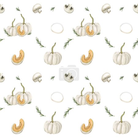 Photo for Watercolor seamless pattern with white pumpkins, mushrooms, onion rings and rosemary sprigs on white background. For use in design, fabric, textile, wallpaper, wrapping, gift boxes, greeting cards. - Royalty Free Image