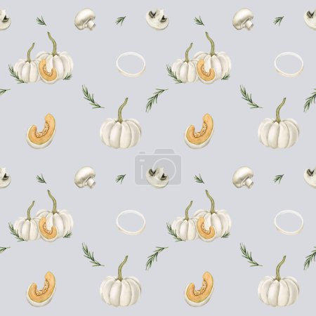 Photo for Watercolor seamless pattern with white pumpkins, mushrooms, onion rings and rosemary sprigs on light grey blue background. For use in design, fabric, textile, wallpaper, wrapping, greeting cards. - Royalty Free Image