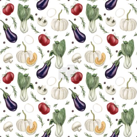 Photo for Watercolor seamless pattern with colorful vegetables and spices on white background. For use in design, fabric, textile, scrapbooking, wallpaper, wrapping papper, gift boxes, greeting cards. - Royalty Free Image