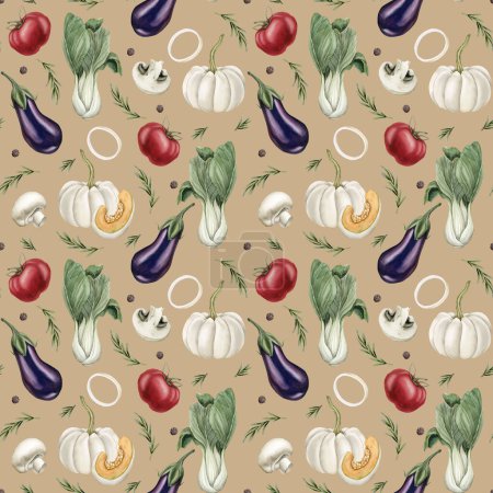 Photo for Watercolor seamless pattern with colorful vegetables and spices on beige background. For use in design, fabric, textile, scrapbooking, wallpaper, wrapping papper, gift boxes, greeting cards. - Royalty Free Image