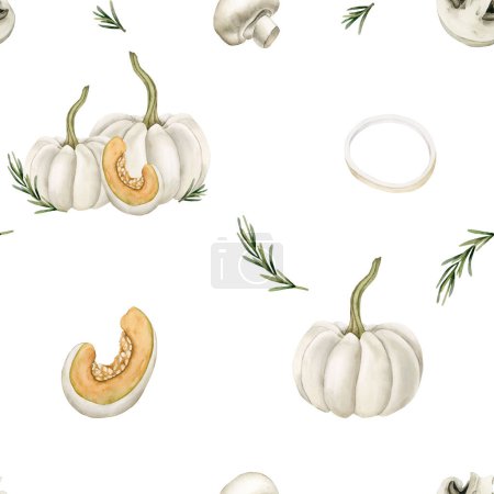 Photo for Watercolor seamless pattern with white pumpkins, mushrooms, onion rings and rosemary sprigs on white background. For use in design, fabric, textile, wallpaper, wrapping, gift boxes, greeting cards. - Royalty Free Image