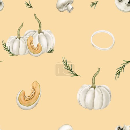 Photo for Watercolor seamless pattern with white pumpkins, mushrooms, onion rings and rosemary sprigs on peach background. For use in design, fabric, textile, wallpaper, wrapping, gift boxes, greeting cards. - Royalty Free Image