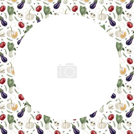 Téléchargez les photos : Cadre rond avec motif aquarelle sans couture avec des légumes colorés frais sur fond blanc. Conception pour carte de vœux, scrapbooking. - en image libre de droit