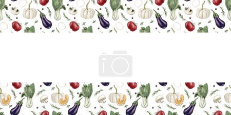Photo for Horizontal border with seamless pattern with vegetables on white background. Hand painted watercolor illustration. Design for greeting card, scrapbooking - Royalty Free Image