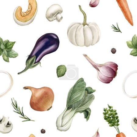 Photo for Watercolor seamless pattern with colorful vegetables and spices on white background. For use in design, fabric, textile, scrapbooking, wallpaper, wrapping papper, gift boxes, greeting cards. - Royalty Free Image