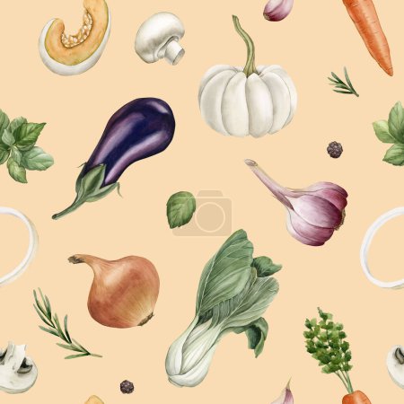 Photo for Watercolor seamless pattern with colorful vegetables and spices on light pink background. For use in design, fabric, textile, scrapbooking, wallpaper, wrapping papper, gift boxes, greeting cards. - Royalty Free Image