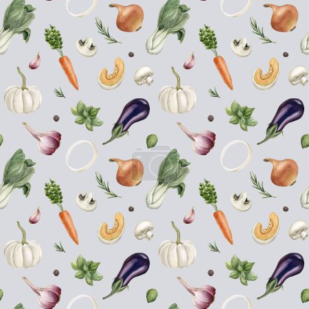 Photo for Watercolor seamless pattern with colorful vegetables and spices on light grey blue background. For use in design, fabric, textile, scrapbooking, wallpaper, wrapping papper, gift boxes, greeting cards. - Royalty Free Image