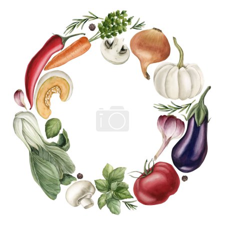 Téléchargez les photos : Une couronne de légumes frais. Aquarelle illustration peinte à la main isolée sur fond blanc pour la conception, affiche, carte, emballage, tissu, textile - en image libre de droit