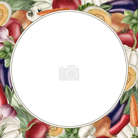 Photo for Round frame with fresh vegetables. Watercolor illustration hand painted isolated on white background for design, poster, card, packaging, fabric, textile - Royalty Free Image