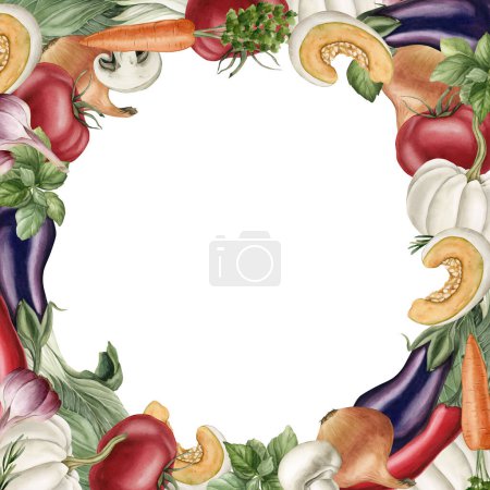 Foto de Marco redondo con verduras frescas. Ilustración de acuarela pintada a mano aislada sobre fondo blanco para diseño, póster, tarjeta, embalaje, tela, textil - Imagen libre de derechos