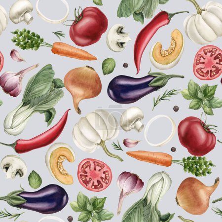 Photo for Watercolor seamless pattern with colorful vegetables and spices on light grey blue background. For use in design, fabric, textile, scrapbooking, wallpaper, wrapping papper, gift boxes, greeting cards. - Royalty Free Image