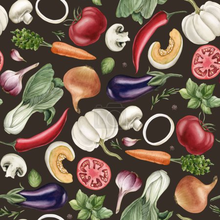 Photo for Watercolor seamless pattern with colorful vegetables and spices on dark background. For use in design, fabric, textile, scrapbooking, wallpaper, wrapping papper, gift boxes, greeting cards. - Royalty Free Image