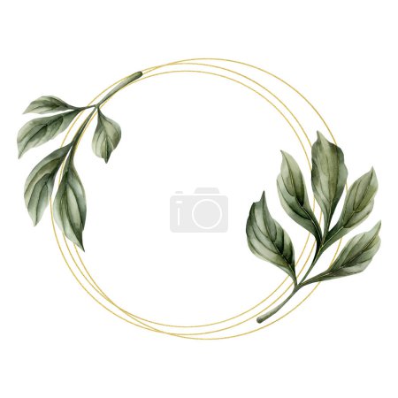 Téléchargez les photos : Une couronne de feuilles de pivoine verte. Illustration aquarelle florale peinte à la main isolée sur fond blanc. Parfait pour les invitations de mariage, cartes de vœux, fonds d'écran, emballages, tissus, floristique et - en image libre de droit