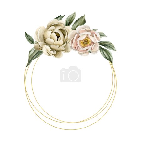Photo for Wreath of white beige peach fuzz peony flowers, buds and green leaves. Floral watercolor illustration hand painted isolated on white background. Perfect for wedding invitations, greeting cards - Royalty Free Image