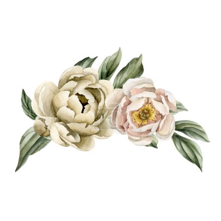 Photo for Composition of white powdery and beige peony flowers and green leaves. Floral watercolor illustration hand painted isolated on white background. Perfect for wedding invitations, greeting cards - Royalty Free Image