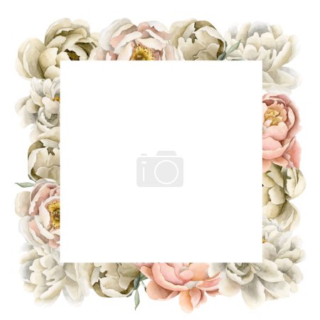 Photo for Square frame of white beige peach fuzz peony flowers. Floral watercolor illustration hand painted isolated on white background. Perfect for wedding invitations, greeting cards, wallpapers, wrappers - Royalty Free Image