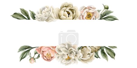 Photo for Horizontal frame of white beige peach fuzz peony flowers, buds and green leaves. Floral watercolor illustration hand painted isolated on white background. Perfect for wedding invitations, greeting - Royalty Free Image