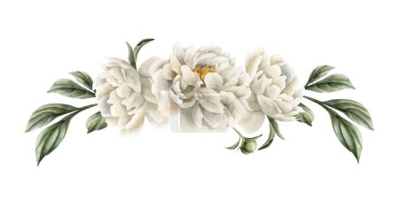 Photo for Horizontal composition of white peony flowers, buds and green leaves. Floral watercolor illustration hand painted isolated on white background. Perfect for wedding invitations, greeting cards - Royalty Free Image